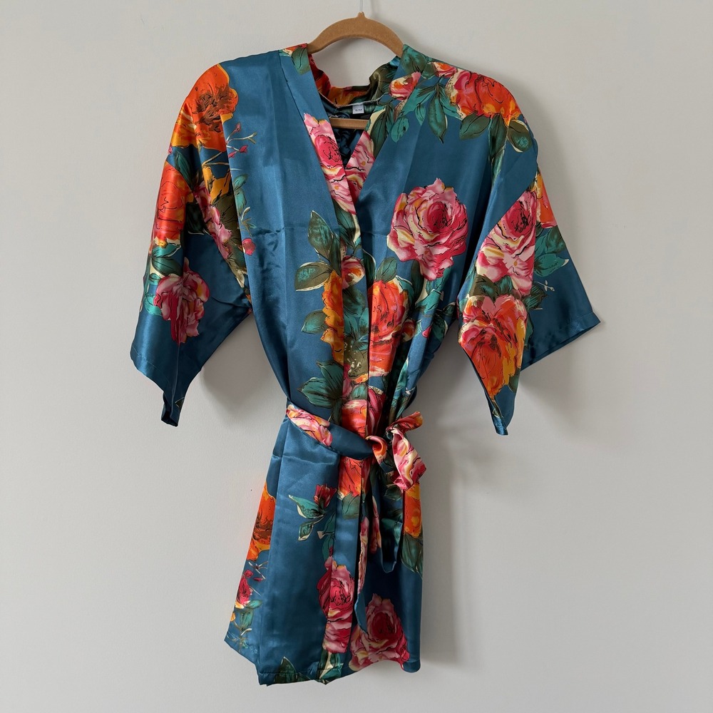 Floral Satin Robe Set Teal Blue Pink Orange Roses Sleep Mask Wrap Scrunchie S/M
